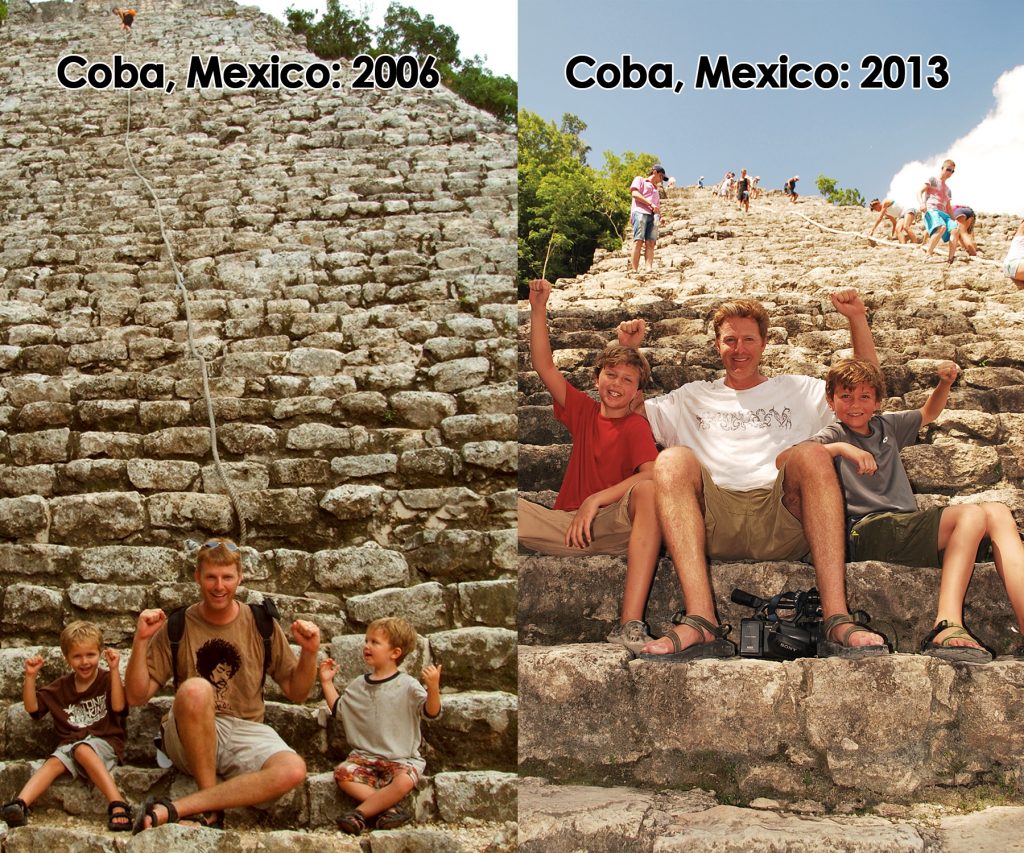 Family on steps of Coba pyramid in Mexico