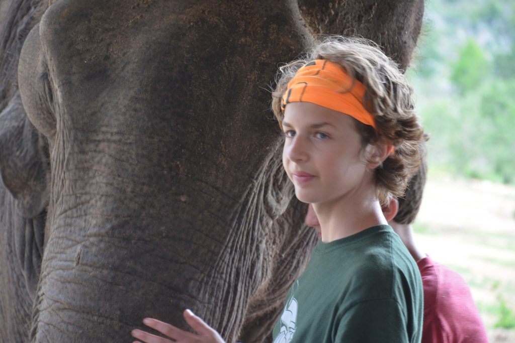 Nathan and Seamus with Elephant at Elephant's World Sanctuary in Thailand