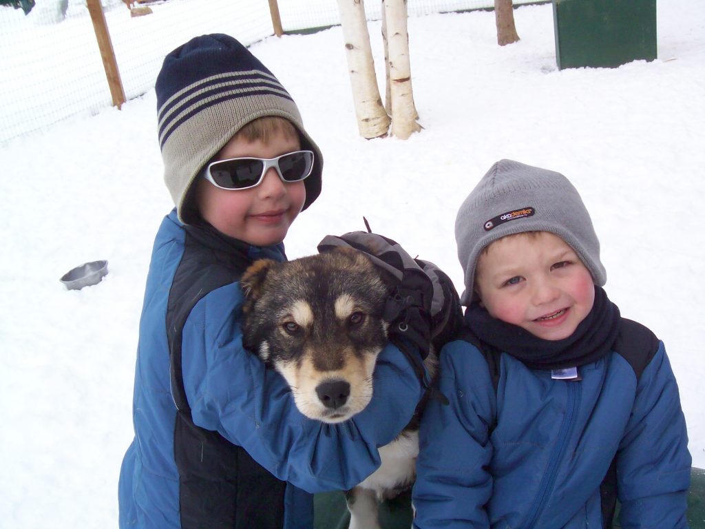 Two boys with sled dog