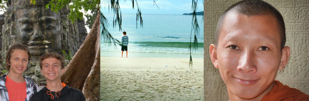 Cambodia collage of pictures - boys in front of giant carving at Angkor Wat, beach, monk smiling