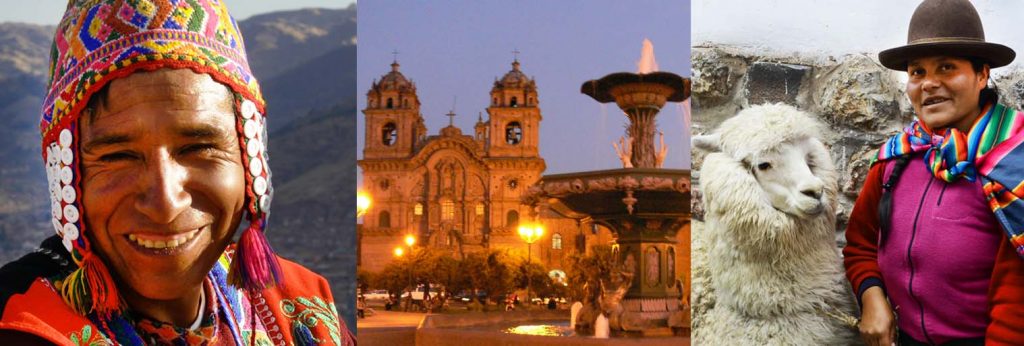 Peru collage of pictures - man smiling, cathedral, woman with llama
