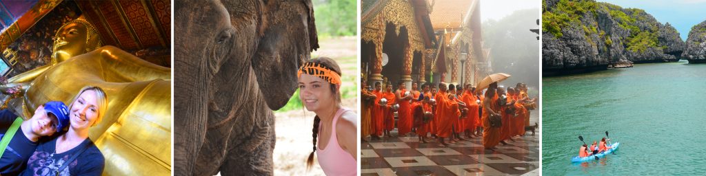 Thailand with kids pictures - mom and son in front of giant Buddha statue, girl with elephant, monks, people kayaking