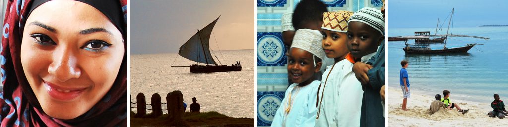 Zanzibar collage of pictures - woman smiling, dhow, kids, beach