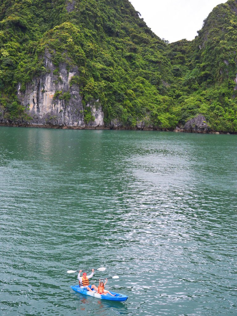 Father and daughter lifting paddles in celebration on kayak surrounded by green mountains